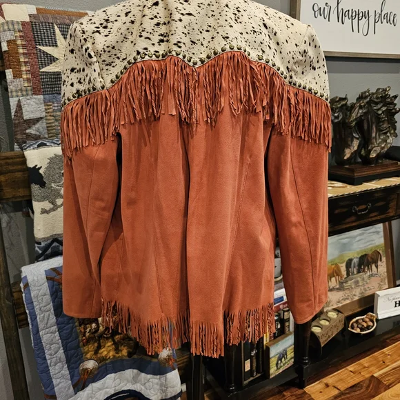 Double D Ranch Leather Jacket with Fringe and Hair On Hide Accents, Size 2X - Picture 2 of 6